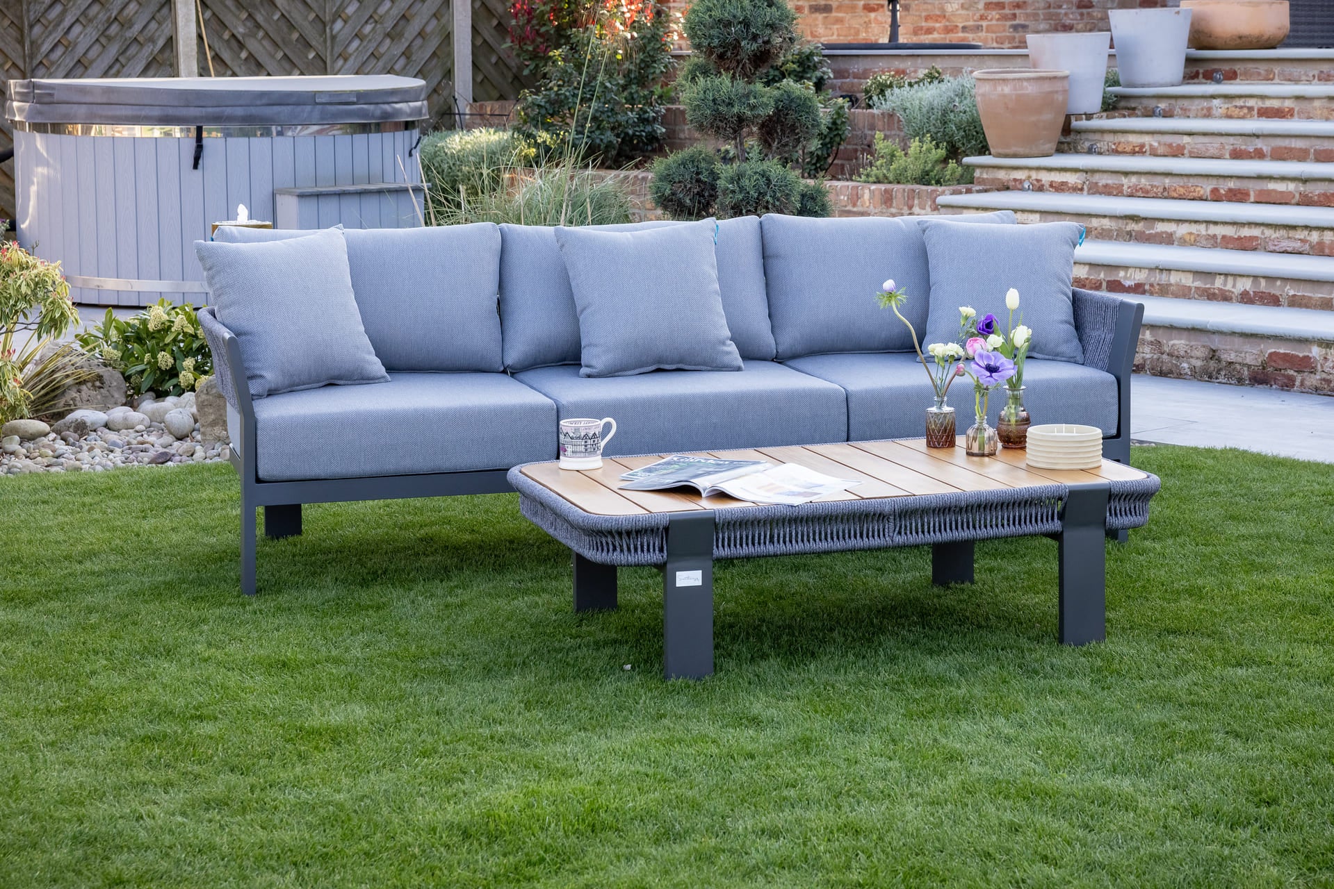 Seatherny Rope Weave 3 Seat Sofa Set with Rectangular Coffee Table