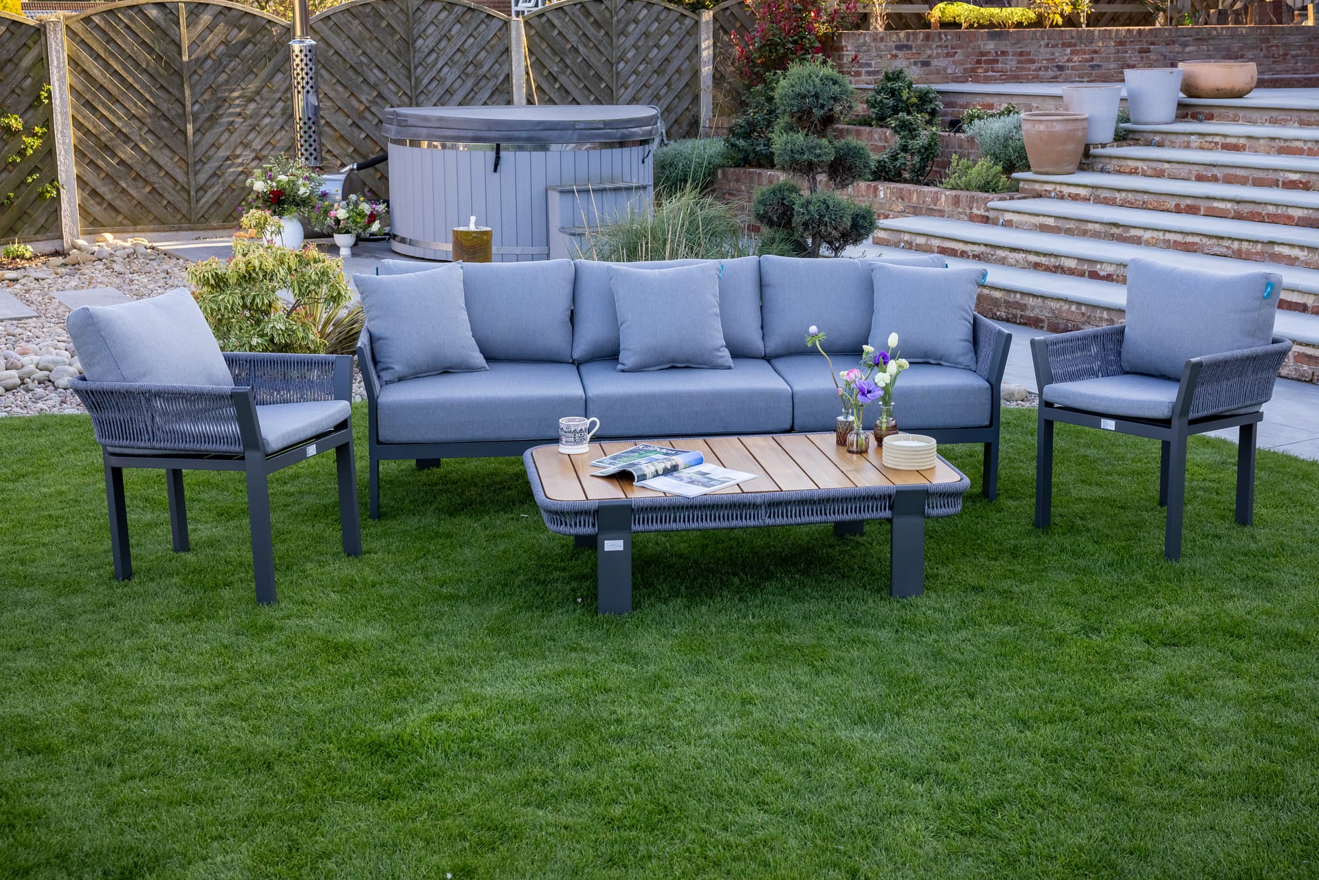 Seatherny Rope Weave 3 Seat Sofa Set with Rectangular Coffee Table