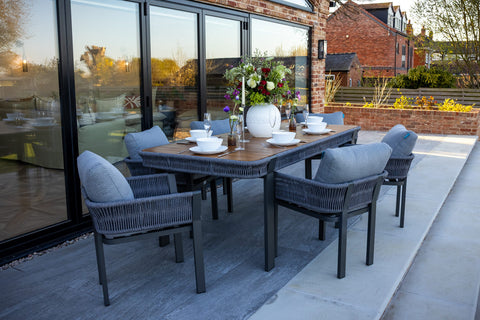 Seatherny 6 Seat Dining Set Rope Weave with Teak Wood Table Top