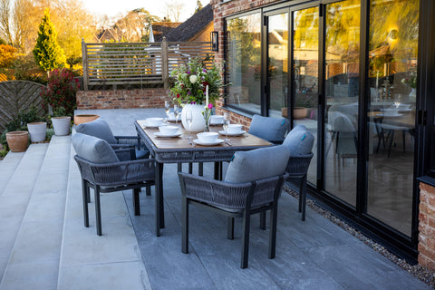 Seatherny 6 Seat Dining Set Rope Weave with Teak Wood Table Top