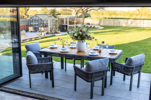 Seatherny 6 Seat Dining Set Rope Weave with Teak Wood Table Top