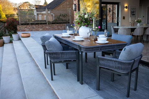 Seatherny 6 Seat Dining Set Rope Weave with Teak Wood Table Top