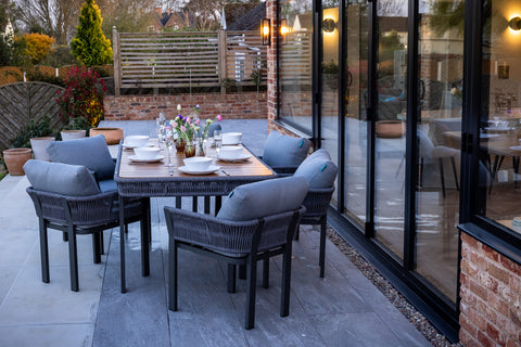 Seatherny 6 Seat Dining Set Rope Weave with Teak Wood Table Top